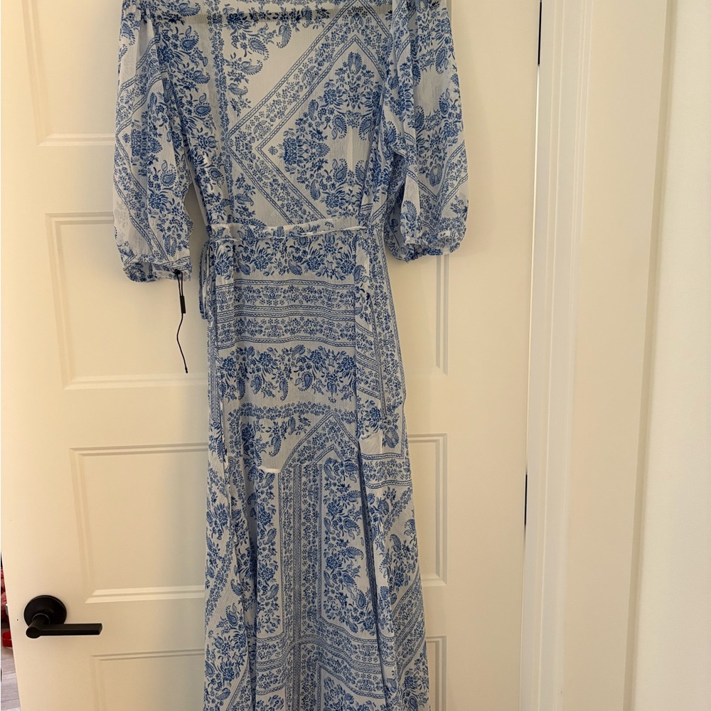 Calvin Klein Blue and White Sheer 3/4 length sleeve Maxi Dress